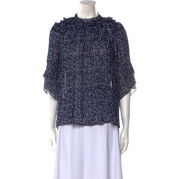 Saloni Floral Print Blue Polyester Mock Neck Blouse Size 8 - Picture 1 of 4